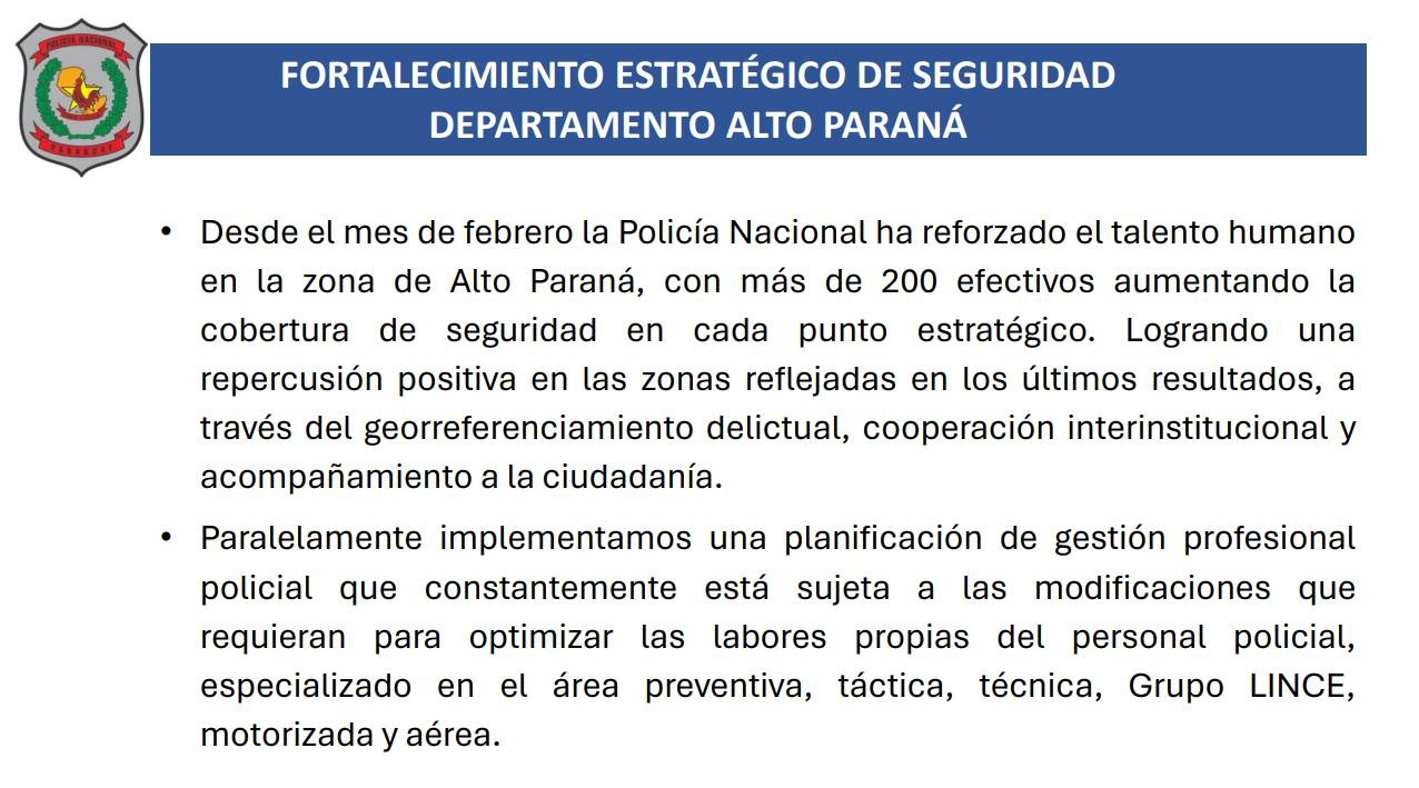 Info P.N.: Resultados en el marco del fortalecimiento estratégico de seguridad en el Dpto. Alto Paraná